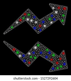 Bright mesh trends with lightspot effect. White wire carcass triangular mesh in vector format on a black background. Abstract 2d mesh designed with polygonal grid, round dots, colored glare spots.