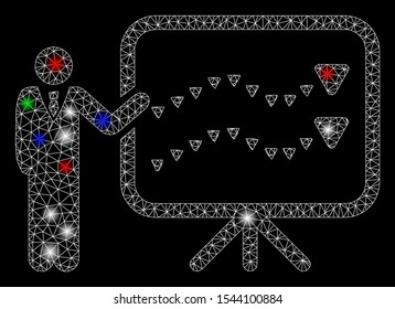Bright mesh trends presentation with glare effect. White wire frame polygonal mesh in vector format on a black background. Abstract 2d mesh designed with triangular lines, points,