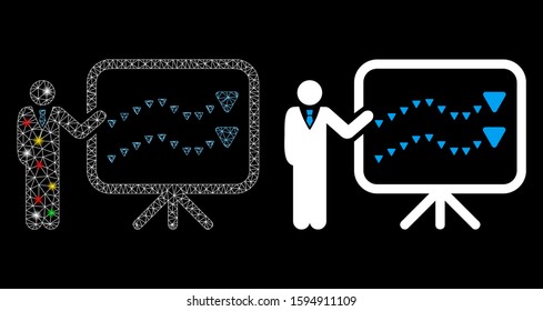 Bright mesh trends presentation icon with glow effect. Abstract illuminated model of trends presentation. Shiny wire carcass triangular network trends presentation icon.