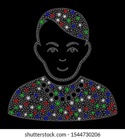 Bright mesh trendy guy with glow effect. White wire carcass triangular mesh in vector format on a black background. Abstract 2d mesh designed with triangles, spheric points, colorful flash spots.