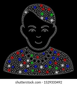 Bright mesh trendy guy with lightspot effect. White wire frame polygonal mesh in vector format on a black background. Abstract 2d mesh designed with polygonal grid, points, colorful flash spots.