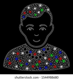 Bright mesh trendy guy with lightspot effect. White wire carcass triangular network in vector format on a black background. Abstract 2d mesh created from triangular lines, small circle,