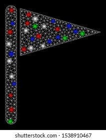 Bright mesh triangle flag with lightspot effect. White wire carcass polygonal mesh in vector format on a black background. Abstract 2d mesh designed with polygonal grid, dots, colorful flash spots.