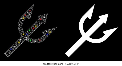 Bright mesh trident fork icon with glow effect. Abstract illuminated model of trident fork. Shiny wire carcass polygonal mesh trident fork icon. Vector abstraction on a black background.