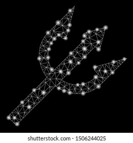 Bright mesh trident fork with lightspot effect. Abstract illuminated model of trident fork icon. Shiny wire frame polygonal mesh trident fork. Vector abstraction on a black background.