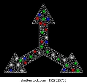 Bright mesh triple arrows with glare effect. White wire carcass polygonal mesh in vector format on a black background. Abstract 2d mesh designed with triangular lines, points, colorful flash spots.