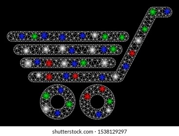 Bright mesh trolley with lightspot effect. White wire carcass triangular mesh in vector format on a black background. Abstract 2d mesh designed with triangular lines, spheric points,