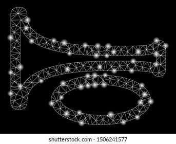 Bright mesh trombone with glare effect. Abstract illuminated model of trombone icon. Shiny wire carcass triangular mesh trombone. Vector abstraction on a black background.