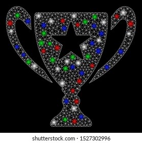 Bright mesh trophy cup with glow effect. White wire frame triangular mesh in vector format on a black background. Abstract 2d mesh designed with triangular lines, dots, colorful flash spots.