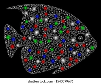 Bright mesh tropical fish with glare effect. White wire frame triangular mesh in vector format on a black background. Abstract 2d mesh built from triangular lines, small circle, colored glare spots.