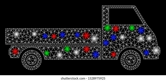 Bright mesh truck with glare effect. White wire frame triangular mesh in vector format on a black background. Abstract 2d mesh designed with polygonal grid, small circle, colored flash spots.