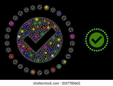 Bright mesh true area glare icon with lightspots. Illuminated vector constellation based on true area icon. Sparkle frame mesh true area on a black background. Linear frame 2D mesh in vector format.