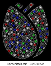 Bright mesh tulip bud with glow effect. White wire frame polygonal mesh in vector format on a black background. Abstract 2d mesh designed with polygonal grid, points, colored light spots.