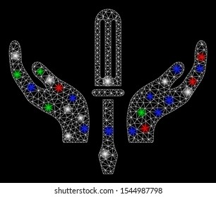 Bright mesh tuning screwdriver maintenance with lightspot effect. White wire frame polygonal mesh in vector format on a black background. Abstract 2d mesh designed with polygonal grid, dots,
