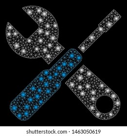 Bright mesh tuning tools with glitter effect. Abstract illuminated model of tuning tools icon. Shiny wire frame triangular mesh tuning tools. Vector abstraction on a black background.