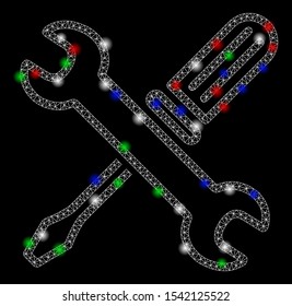 Bright mesh tuning tools with glow effect. White wire frame polygonal mesh in vector format on a black background. Abstract 2d mesh designed with polygonal grid, points, colored light spots.