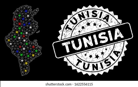 Bright mesh Tunisia map with glare effect, and stamp. Wire carcass triangular Tunisia map mesh in vector format on a black background. White round watermark with scratched textures.