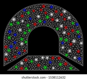 Bright mesh tunnel with glare effect. White wire carcass polygonal mesh in vector format on a black background. Abstract 2d mesh designed with polygonal grid, small circle, colorful flare spots.