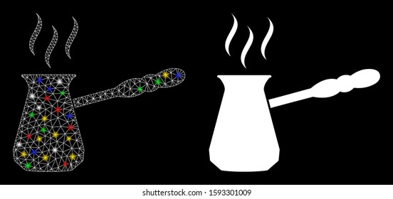 Bright mesh turkish coffee icon with glare effect. Abstract illuminated model of turkish coffee. Shiny wire frame polygonal mesh turkish coffee icon. Vector abstraction on a black background.