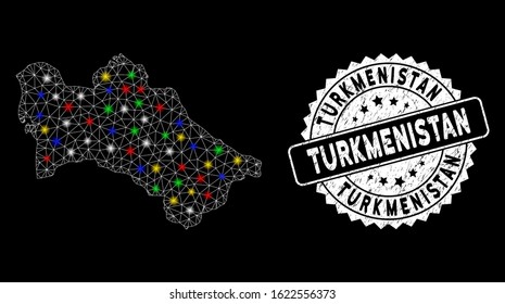 Bright mesh Turkmenistan map with glare effect, and watermark. Wire carcass polygonal Turkmenistan map mesh in vector format on a black background. White round rubber seal with rubber texture.