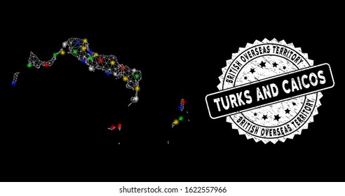 Bright mesh Turks and Caicos Islands map with lightspot effect, and seal stamp. Wire frame triangular Turks and Caicos Islands map mesh in vector format on a black background.
