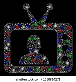 Bright mesh TV speaker with glare effect. White wire frame polygonal mesh in vector format on a black background. Abstract 2d mesh designed with polygonal grid, round dots, colored glare spots.