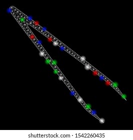 Bright mesh tweezers with glare effect. White wire carcass polygonal mesh in vector format on a black background. Abstract 2d mesh created from polygonal grid, spheric points, colored light spots.