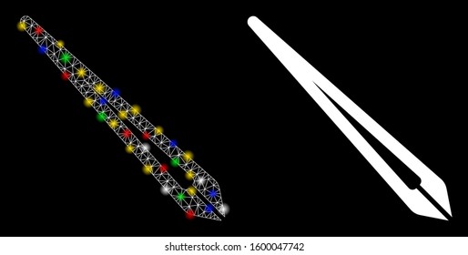 Bright mesh tweezers icon with glare effect. Abstract illuminated model of tweezers. Shiny wire carcass triangular mesh tweezers icon. Vector abstraction on a black background.