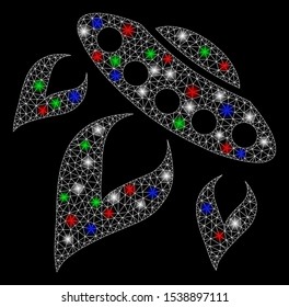 Bright mesh UFO start fire with glare effect. White wire carcass polygonal mesh in vector format on a black background. Abstract 2d mesh created from polygonal grid, small circle,