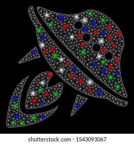 Bright mesh UFO start with glare effect. White wire carcass polygonal mesh in vector format on a black background. Abstract 2d mesh designed with polygonal grid, spheric points, colorful light spots.