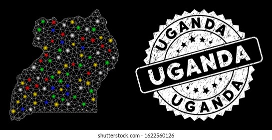 Bright mesh Uganda map with glow effect, and watermark. Wire carcass polygonal Uganda map mesh in vector format on a black background. White round watermark with grunge surface.
