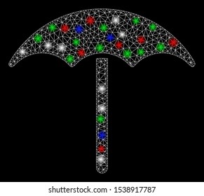 Bright mesh umbrella with lightspot effect. White wire carcass polygonal mesh in vector format on a black background. Abstract 2d mesh designed with polygonal grid, dots, colored flare spots.