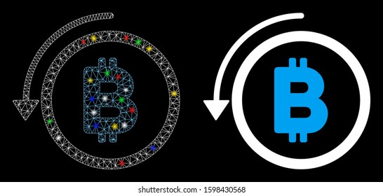 Bright mesh undo Bitcoin payment icon with glare effect. Abstract illuminated model of undo Bitcoin payment. Shiny wire carcass triangular mesh undo Bitcoin payment icon.