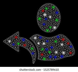 Bright mesh undo with glare effect. White wire frame polygonal mesh in vector format on a black background. Abstract 2d mesh built from polygonal grid, dots, colored glare spots.