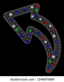 Bright mesh undo with glow effect. White wire carcass triangular mesh in vector format on a black background. Abstract 2d mesh designed with triangles, small circle, colored flare spots.