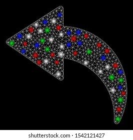 Bright mesh undo with lightspot effect. White wire carcass polygonal mesh in vector format on a black background. Abstract 2d mesh designed with triangular lines, small circle, colorful light spots.