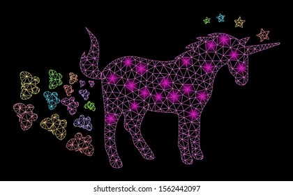 Bright mesh unicorn farting butterflies with glitter effect. Abstract illuminated model of unicorn farting butterflies icon. Shiny wire carcass triangular mesh unicorn farting butterflies.