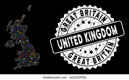 Bright mesh United Kingdom map with glow effect, and watermark. Wire frame triangular United Kingdom map mesh in vector format on a black background. White round seal with grunge texture.