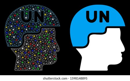 Bright Mesh United Nations Soldier Helmet Icon With Sparkle Effect. Abstract Illuminated Model Of United Nations Soldier Helmet. Shiny Wire Carcass Triangular Mesh United Nations Soldier Helmet Icon.