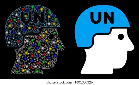 Bright Mesh United Nations Soldier Helmet Icon With Glow Effect. Abstract Illuminated Model Of United Nations Soldier Helmet. Shiny Wire Carcass Triangular Mesh United Nations Soldier Helmet Icon.