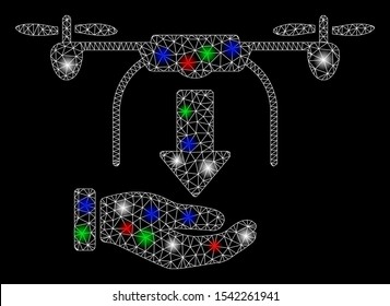Bright mesh unload drone hand with glow effect. White wire carcass triangular mesh in vector format on a black background. Abstract 2d mesh designed with triangular lines, points,