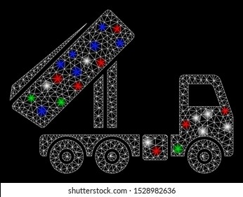 Bright mesh unloading tipper with lightspot effect. White wire frame triangular mesh in vector format on a black background. Abstract 2d mesh designed with triangles, small circle,