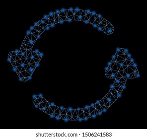 Bright mesh update with glare effect. Abstract illuminated model of update icon. Shiny wire carcass polygonal mesh update. Vector abstraction on a black background.