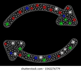Bright mesh update with glow effect. White wire frame triangular mesh in vector format on a black background. Abstract 2d mesh designed with triangular lines, dots, colored glare spots.