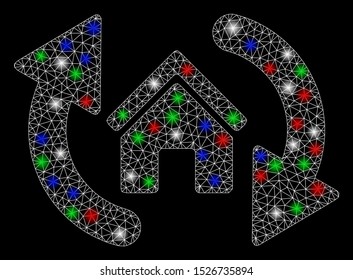 Bright mesh update house with glare effect. White wire frame polygonal mesh in vector format on a black background. Abstract 2d mesh created from polygonal grid, points, colorful glare spots.