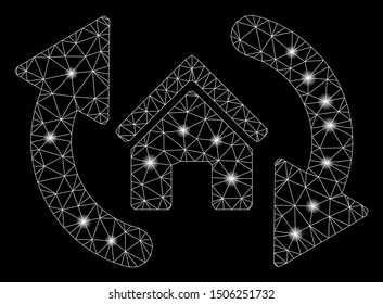 Bright mesh update house with glitter effect. Abstract illuminated model of update house icon. Shiny wire carcass triangular mesh update house. Vector abstraction on a black background.