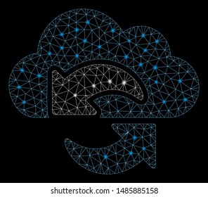 Bright mesh update with sparkle effect. Abstract illuminated model of update icon. Shiny wire frame triangular mesh update. Vector abstraction on a black background.