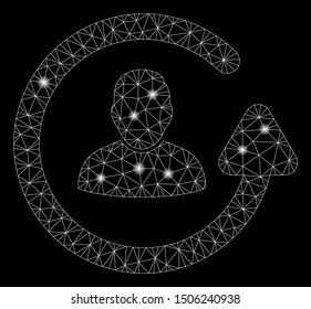Bright mesh update user with glow effect. Abstract illuminated model of update user icon. Shiny wire frame triangular mesh update user. Vector abstraction on a black background.