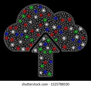 Bright mesh upload to cloud with glare effect. White wire frame triangular mesh in vector format on a black background. Abstract 2d mesh designed with triangular lines, spheric points,