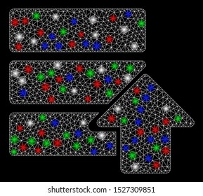 Bright mesh upload database with lightspot effect. White wire carcass polygonal network in vector format on a black background. Abstract 2d mesh designed with polygonal grid, round dots,